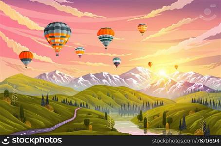 Colorful hot air balloons flying over mountain. Traveling, planning summer vacation, tourism and journey objects. Balloons in sky against backdrop of mountains with sunset or sunrise over green meadow. Colorful hot air balloons flying over mountain. Traveling, planning summer vacation