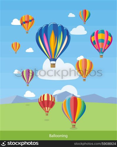 Colorful hot air balloons flying over the mountain. Icons of traveling, planning summer vacation, tourism and journey objects. Web banners, marketing and promotional materials, presentation templates
