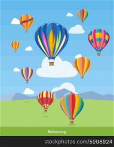 Colorful hot air balloons flying over the mountain. Icons of traveling, planning summer vacation, tourism and journey objects. Web banners, marketing and promotional materials, presentation templates