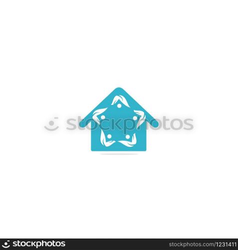 Colorful house icon with abstract happy human silhouette. Health center home care real estate apartments or hotel logo kindergarten or preschool design concept.