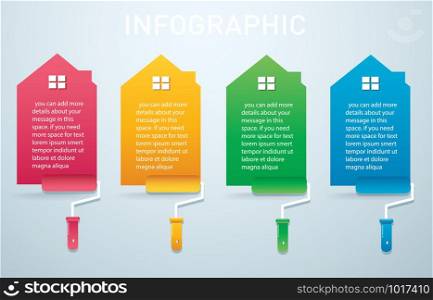 colorful house with a paint roller Infographic 4 options background vector illustration