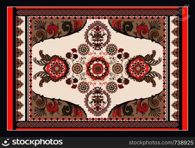 Colorful hungarian vector design for rug, towel, carpet, textile, fabric, cover. Bright floral stylized decorative motifs. Rectangular ethnic floral design with ornamental center. Vector template rug
