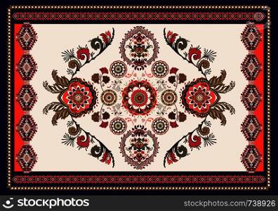 Colorful hungarian vector design for rug, towel, carpet, textile, fabric, cover. Bright floral stylized decorative motifs. Rectangular ethnic floral design with ornamental center. Vector template rug