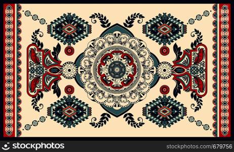 Colorful hungarian vector design for rug, towel, carpet, textile, fabric. Floral stylized decorative motifs. Rectangular ethnic floral design with ornamental center. Colorful hungarian vector design for rug, towel, carpet, textile, fabric, cover. Floral stylized decorative motifs. Rectangular ethnic floral design with ornamental center