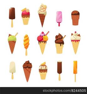 Colorful ice cream dessert. Cartoon sweet cold summer dessert of various shapes and colors in waffle cups and on wooden sticks covered with topping and fruits. Vector set. Delicious snack. Colorful ice cream dessert. Cartoon sweet cold summer dessert of various shapes and colors in waffle cups and on wooden sticks covered with topping and fruits. Vector set
