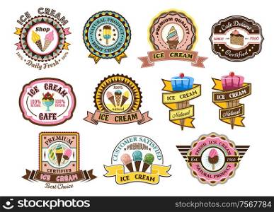 Colorful ice cream emblems, labels or badges set decorated with ice cream cones, cake, sundaes and iced frozen lollies with assorted text, vector illustration