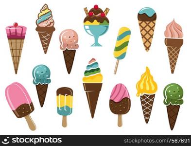 Colorful ice cream icons set showing various flavors of ice cream in cones and colorful frozen fruity lollies with an ice cream sundae, vector illustration on white