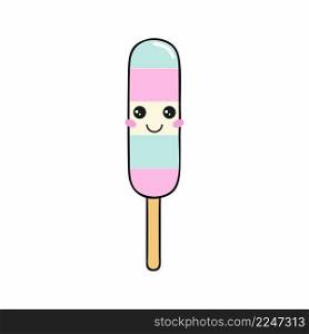 Colorful ice cream on a stick. Ice cream with eyes and a smile. Vector illustration in cartoon style.