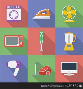 Colorful Icon set of Household appliance. Home kitchen devices. Modern flat style with a long shadow. Colorful Icon set of Household appliance.