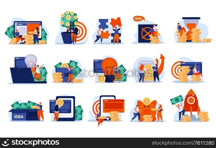 Colorful icons set with people electronic devices money isolated on white background flat vector illustration