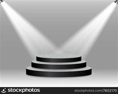 Colorful illuminated podium for awards and performances illuminated by bright spotlights. Vector illustration. EPS10. Colorful illuminated podium for awards and performances illuminated by bright spotlights. Vector illustration