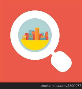 Colorful Illustration: a big city considered a magnifying glass