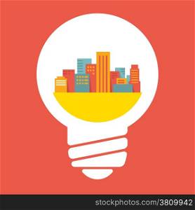 Colorful Illustration: a large city in lightbulb