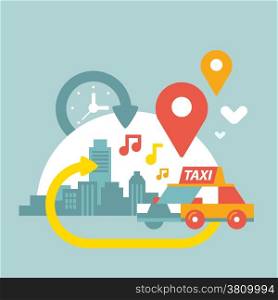 colorful illustration of an urban life with taxi and geo location