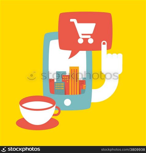 Colorful illustration of shopping in the big city online
