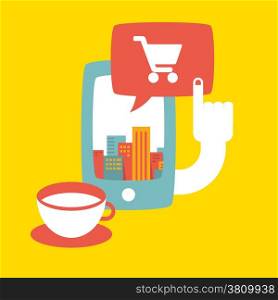 Colorful illustration of shopping in the big city online