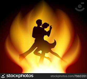 Colorful illustration of tango dancers in a tips of flame.