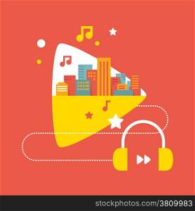 Colorful illustration: the sounds of the big city with headphones&#xA;