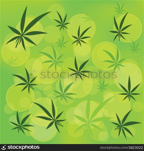 colorful illustration with cannabis icons on green blurred background