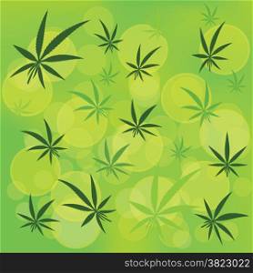 colorful illustration with cannabis icons on green blurred background