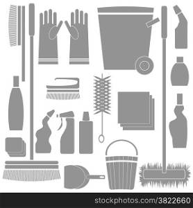 colorful illustration with Cleaning Tools silhouettes on white background