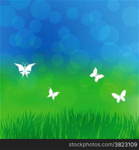 colorful illustration with grass and butterflies on spring background