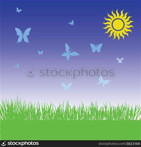 colorful illustration with grass and butterflies on spring background