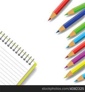 colorful illustration with notebook and pencils on a white background