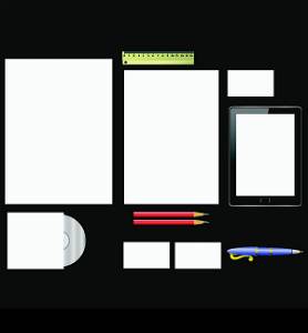 colorful illustration with office supplies on a dark background for your design
