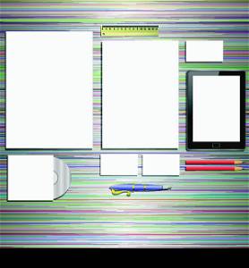 colorful illustration with office supplies on a desk for your design