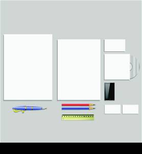 colorful illustration with office supplies on a gray background for your design