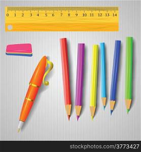 colorful illustration with office tools on a gray striped background for your design