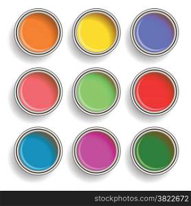 colorful illustration with paint can color palette on white background