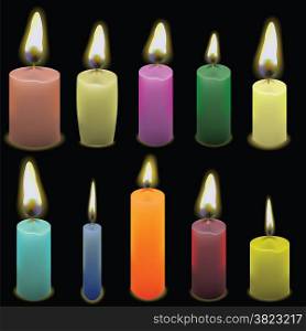 colorful illustration with set of candles on dark background