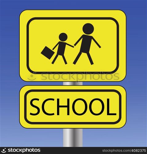 colorful illustration with yellow school sign on blue sky background