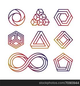 Colorful impossible vector shapes thin line minimal style isolated on white background illustration. Colorful impossible vector shape