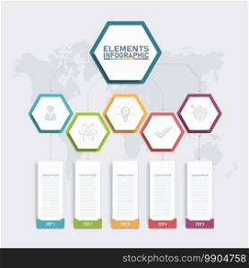Colorful infographic elements template,3D hexagonal business concept with 5 options, steps or processes and marketing can be used for workflow layout presentation.