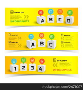 Colorful infographic horizontal banners with 3d squares text tags icons on bright background isolated vector illustration. Colorful Infographic Horizontal Banners