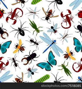 Colorful insect animals seamless pattern. Coccinellidae or ladybug, lady beetle and dragonfly, lucanus cervus and wasp or bee, araneus orb spider and wood ant, grasshopper and stag beetle. Colorful insect animals seamless pattern