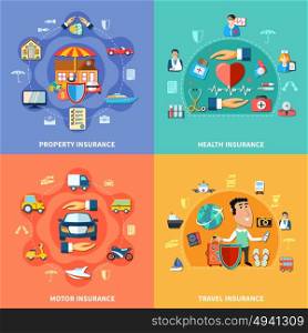 Colorful Insurance Flat Concept . Colorful insurance flat concept with medical transport journey and property protection vector illustration