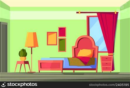 Colorful interior. Modern bedroom with bed relax place with mattress garish vector cartoon background. Illustration of interior bedroom with bed and bedside. Colorful interior. Modern bedroom with bed relax place with mattress garish vector cartoon background