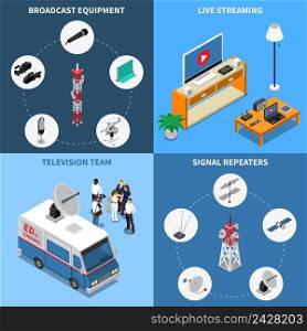 Colorful isometric 2x2 telecommunication icons set with various broadcast equipment television team and electronic devices 3d isolated vector illustration. Telecommunication 2x2 Icons Set