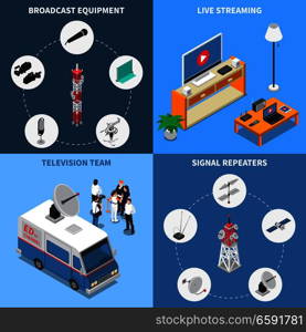 Colorful isometric 2x2 telecommunication icons set with various broadcast equipment television team and electronic devices 3d isolated vector illustration. Telecommunication 2x2 Icons Set