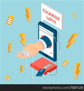 Colorful isometric composition with electronic gadgets and human hand holding charger 3d vector illustration