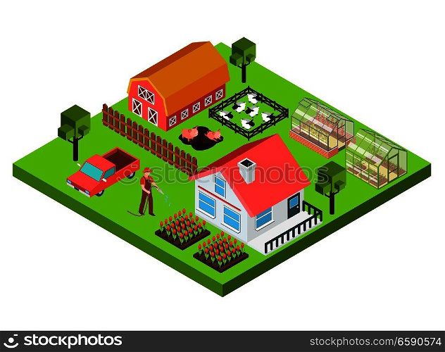 Colorful isometric concept with farmer barn cottage cattle and greenhouse 3d vector illustration. Farm Isometric Concept