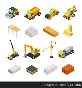 Colorful isometric construction icons set with various materials and transport isolated on white background vector illustration . Isometric Construction Icons Set