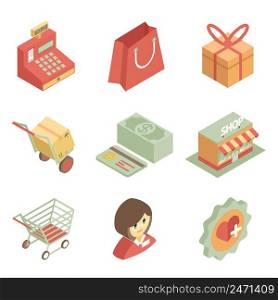 Colorful isometric shopping icons for store or supermarket on the white background
