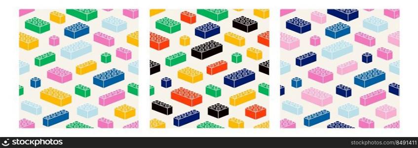 Colorful isometry plastic bricks. Building blocks for children construction kits. Children leisure games , preschool activities concept. Toy erector set . Hand drawn Vector seamless Pattern.