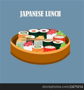 Colorful japanese food concept with different types of sushi wasabi and chopsticks isolated vector illustration. Colorful Japanese Food Concept