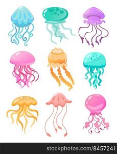 Colorful jellyfish of different shapes vector illustration set. Cute cartoon sea-jellies watercolor collection isolated on white background. Marine animals concept